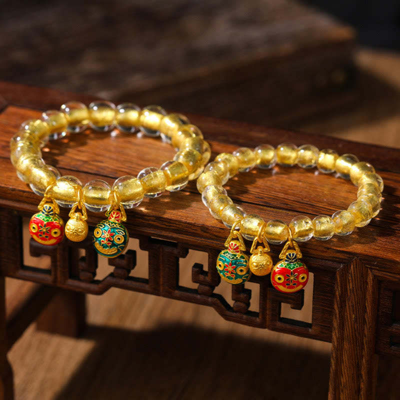 Gold Swallowing Beast Family Charm Gold Foil Liuli Glass Bead Fortune Bracelet