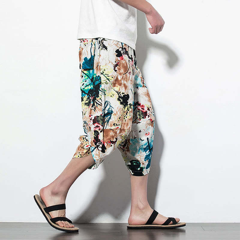 Flowers Leaves Brown Blue Painting Print Cotton Men's Long Cropped Harem Pants With Pockets