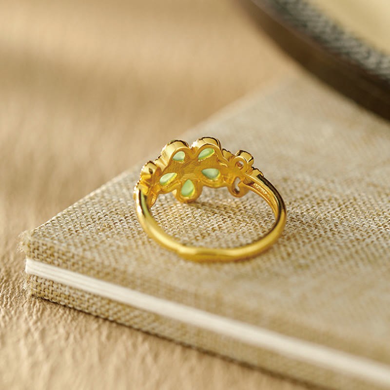 Natural Hetian Jade 925 Sterling Silver Plated Gold Flower Adjustable Prosperity Ring