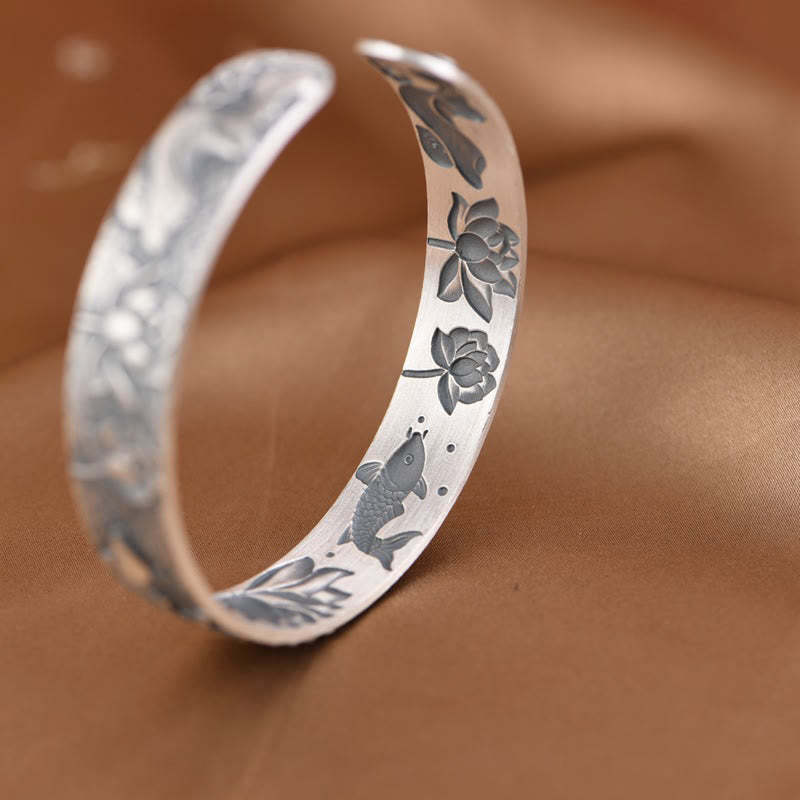 999 Sterling Silver Luck Koi Fish Lotus Wealth Bracelet Bangle