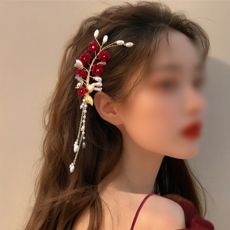 Classical Chinese Wedding Bridal Red Rose Hair Clip