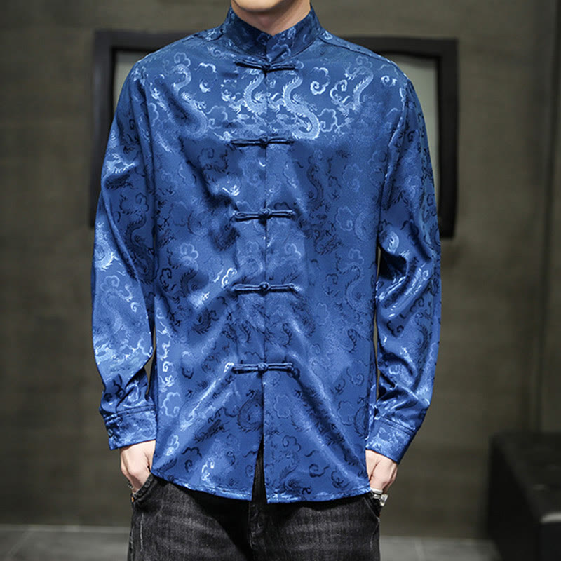 Casual Dragon Pattern Frog-button Tang Suit Linen Men's Jacket Shirt