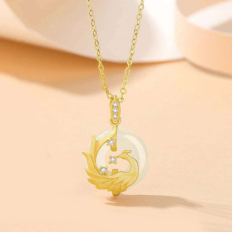 925 Sterling Silver Year of the Dragon Hetian Jade Golden Dragon Phoenix Peace Buckle Luck Necklace Pendant