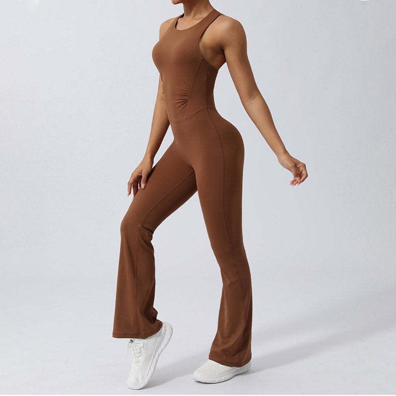 Women Workout Crisscross Sleeveless Flare Jumpsuit Sports Fitness Yoga Bodysuit