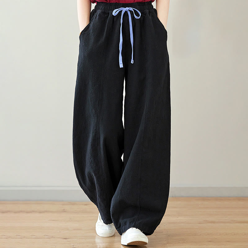Casual Plain Loose Rope Women's Cotton Linen Pants With Pockets