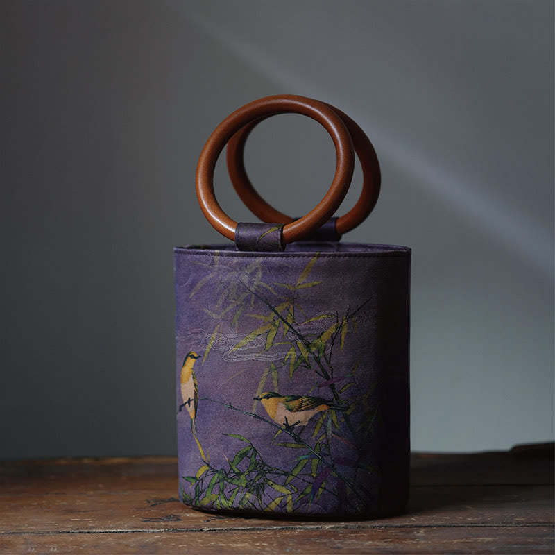 Bamboo Leaf Butterfly Cherry Blossom Persimmon Wood Handle Handbag