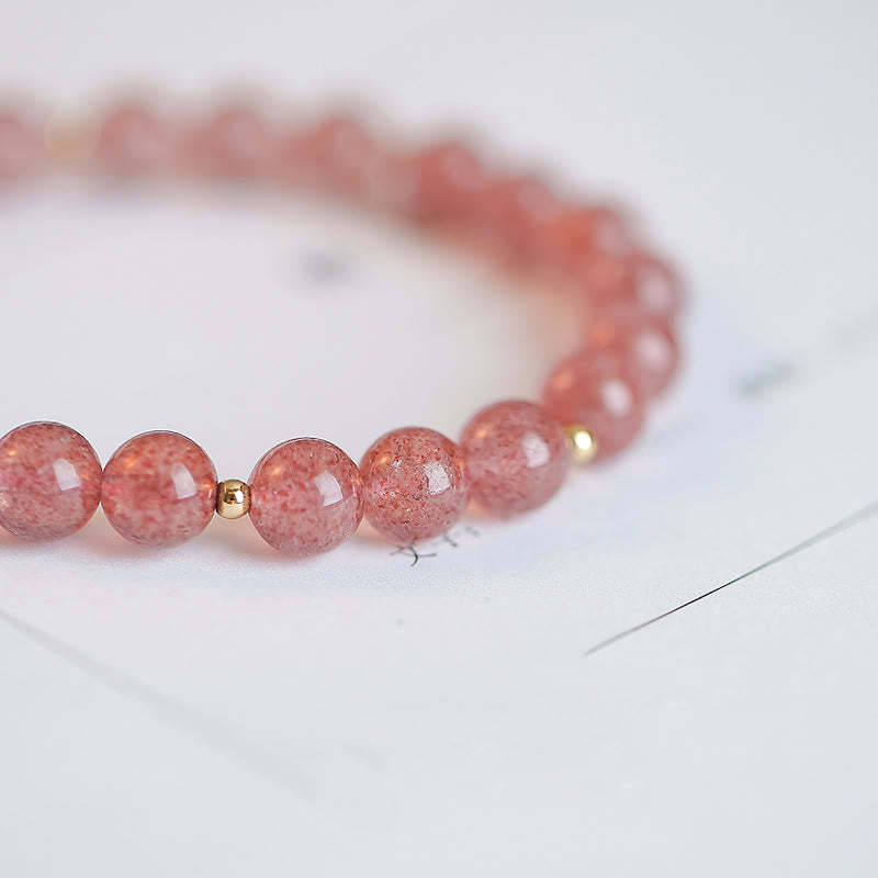 14K Gold Plated Strawberry Quartz Fu Character Healing Charm Bracelet