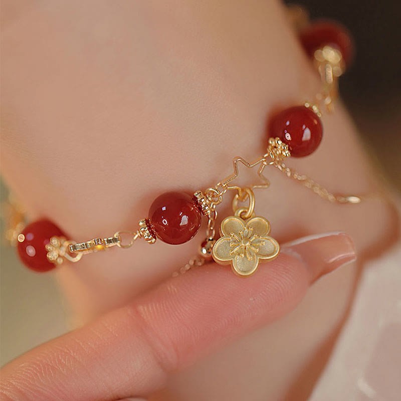 14k Gold Plated Red Agate Star Flower Charm Calm Bracelet