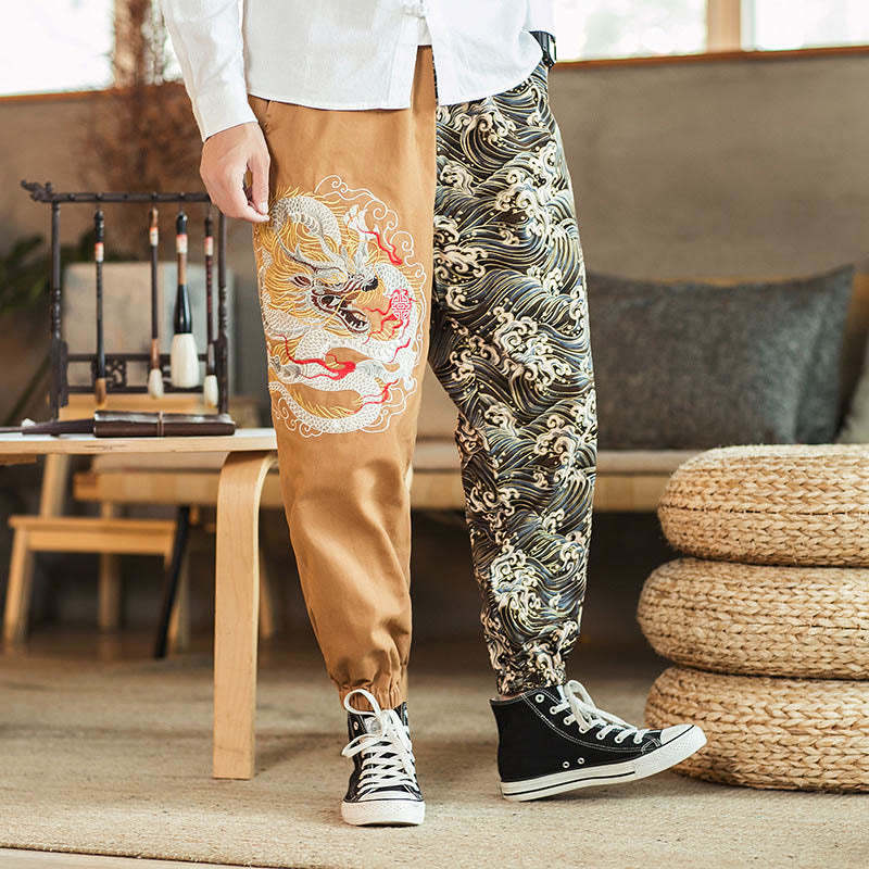 Dragon Pattern Two-tone Men's Pants With Pockets