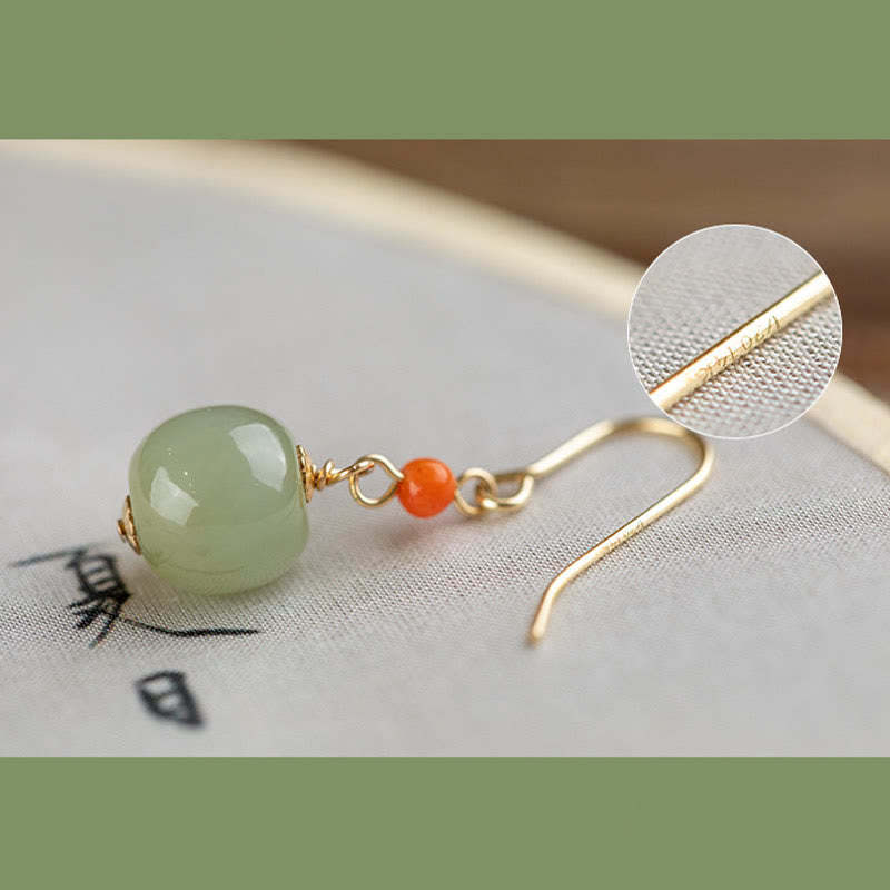 925 Sterling Silver 14K Gold Plated Hetian Jade Red Agate Luck Drop Dangle Earrings