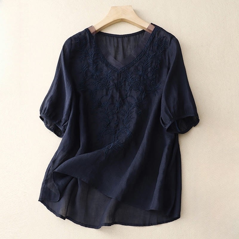 Vintage Casual Pure Leaf Embroidery V-Neck Half Sleeve Cotton Linen Women's T-Shirt