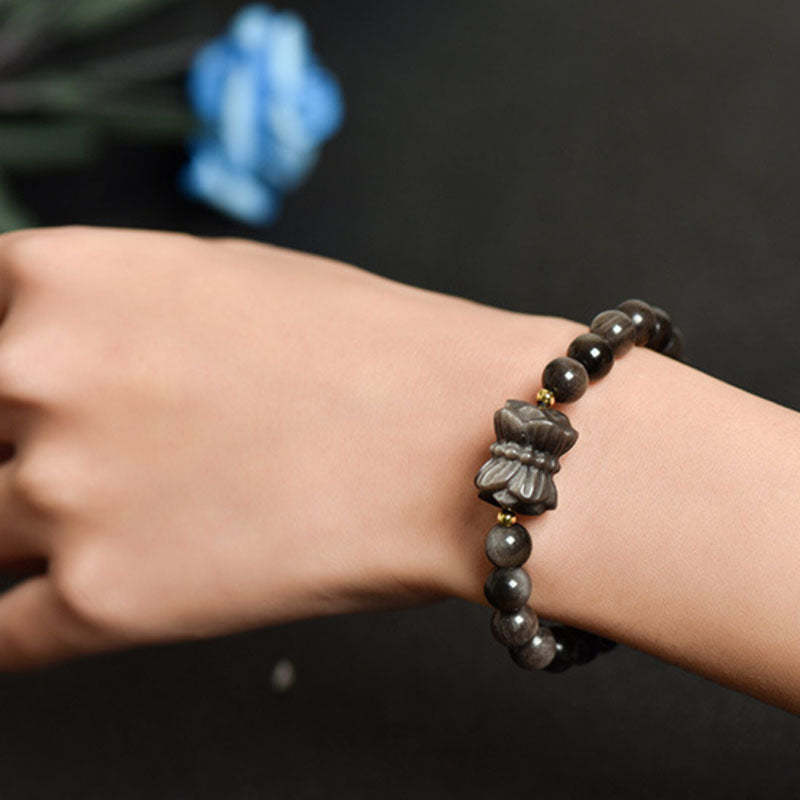 Silver Sheen Obsidian Lotus Flower Nine Tailed Fox Laughing mystic zen Protection Bracelet