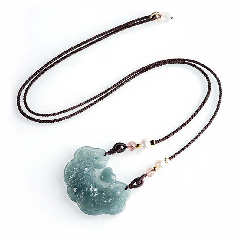 Natural Jade Peony Flower Lock of Good Wishes Prosperity Necklace Pendant