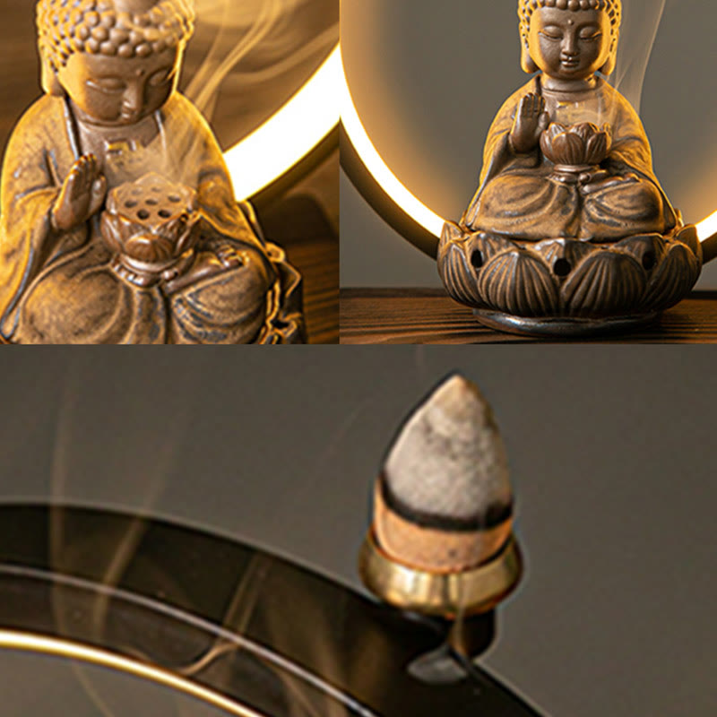 mystic zen Lotus Backflow Smoke Fountain Ceramic Blessing Incense Burner With Light Decoration