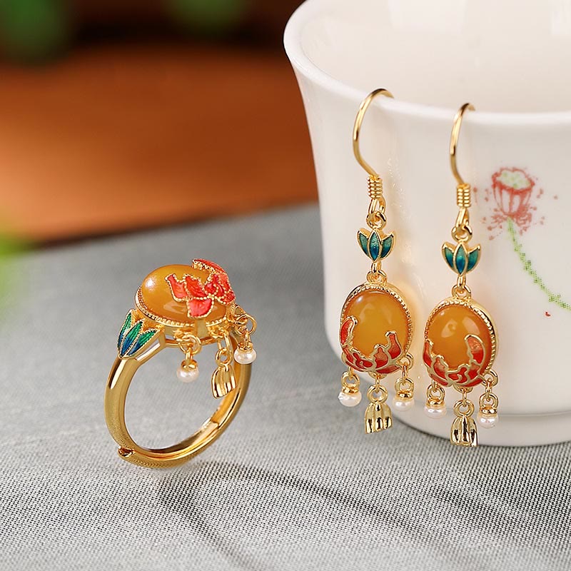 925 Sterling Silver Plated Gold Natural Amber Flower Pearl Confidence Ring Earrings Set
