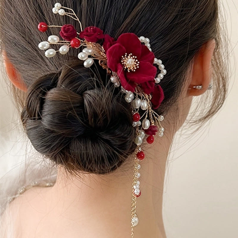 Classical Chinese Wedding Bridal Red Rose Hair Clip