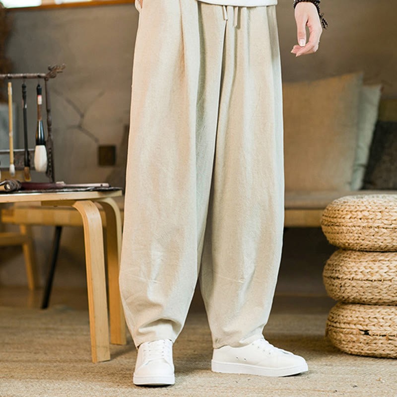 Solid Color Cotton Linen Drawstring Men's Harem Pants With Pockets