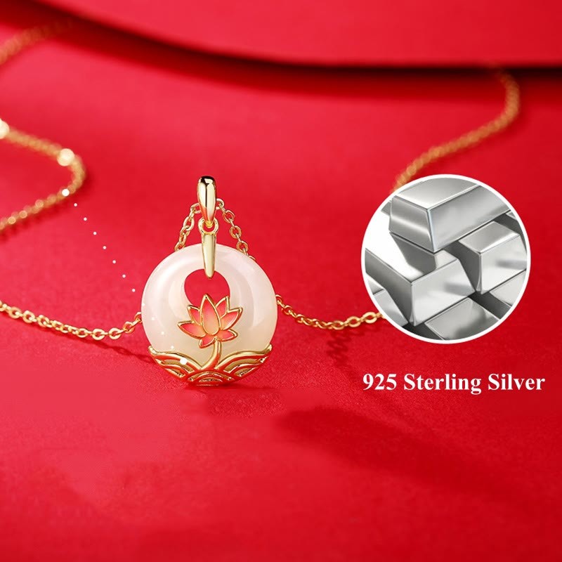 925 Sterling Silver Hetian White Jade Lotus Flower Blessing Necklace Pendant