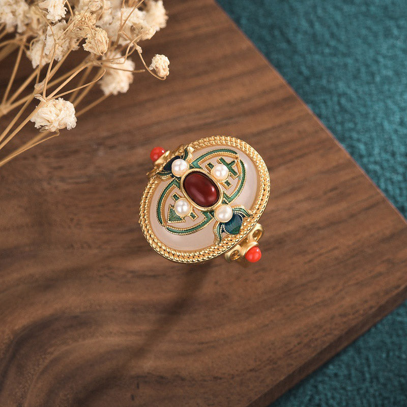 White Jade Red Agate Happiness Luck Ring