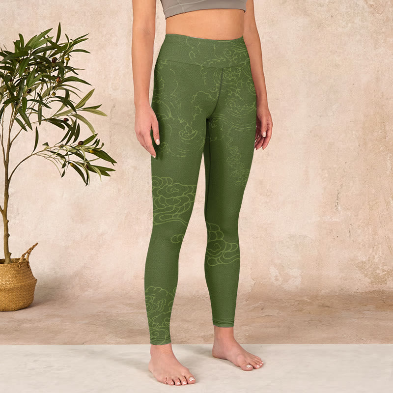 Green Auspicious Cloud Waves Print Gym Leggings Women's Yoga Pants