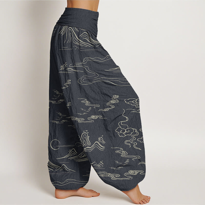 Mountain Moon Auspicious Clouds Pattern Women's Elastic Waist Harem Pants