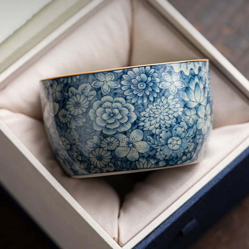 Blue Lotus Peach Blossom Chrysanthemum Design Ceramic Teacup Kung Fu Tea Cups