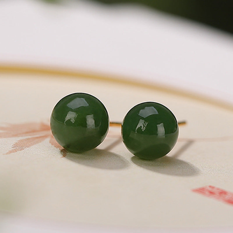925 Sterling Silver Round Cyan Jade Healing Calm Stud Earrings