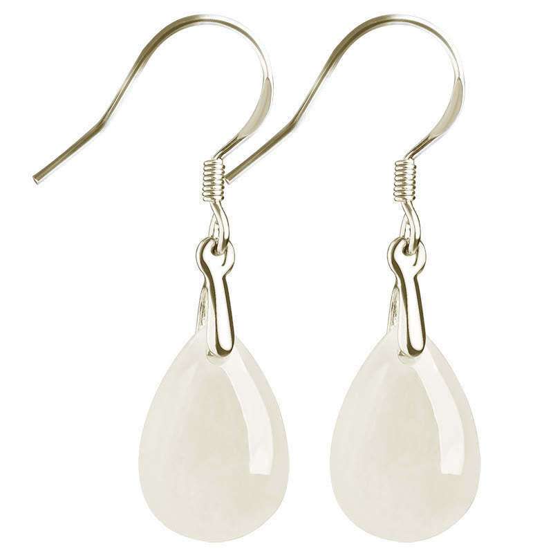 925 Sterling Silver Jade Water Drop Pattern Luck Prosperity Dangle Earrings