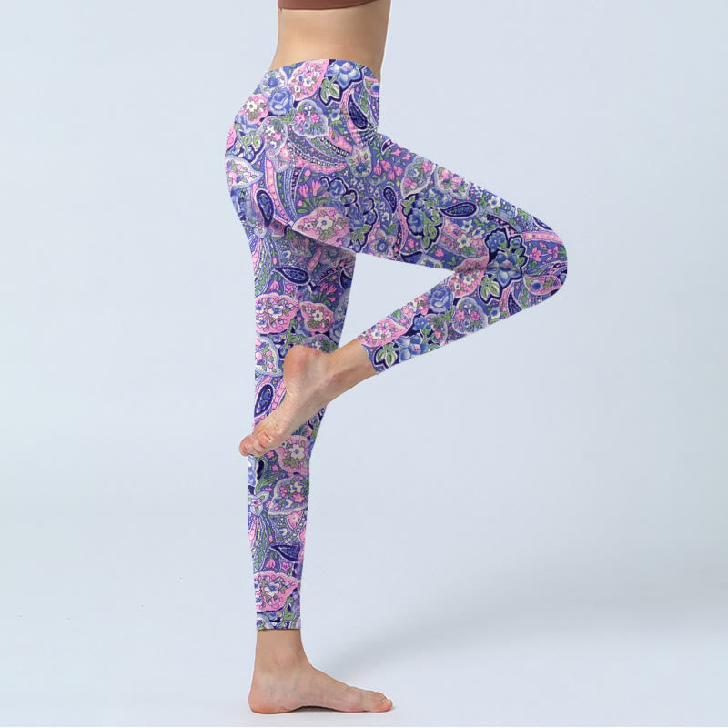 Purple Pink Cashew Flower Print Gym Fitness Leggings Women's Yoga Pants