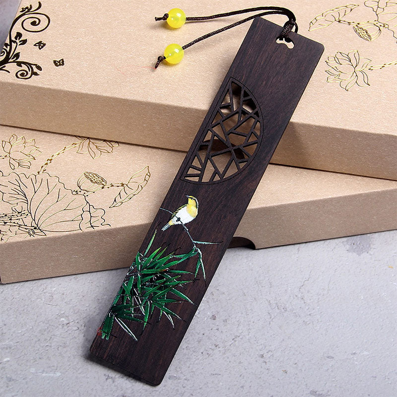 Green Lotus Bamboo Oriole Ebony Wood Bookmarks With Gift Box