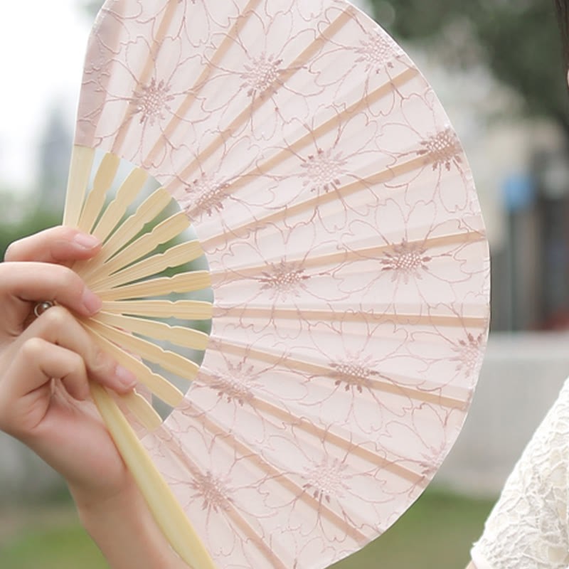 Retro Large Flower Embroidery Shell Shape Tassels Handheld Bamboo Folding Fan