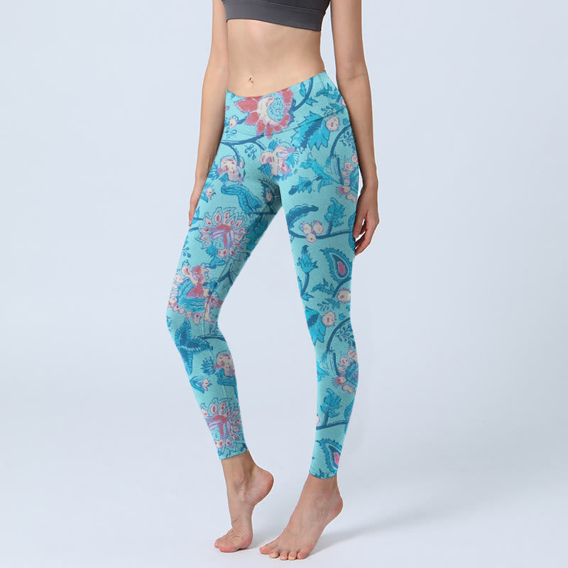 Blue Red Flowers Leaves Print Gym Leggings Women's Yoga Pants