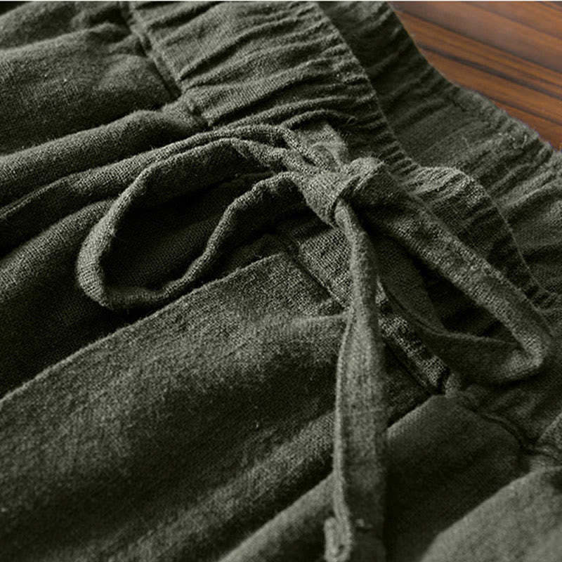 Casual Solid Color Simple Design Drawstring Ramie Linen Men's Pants With Pockets