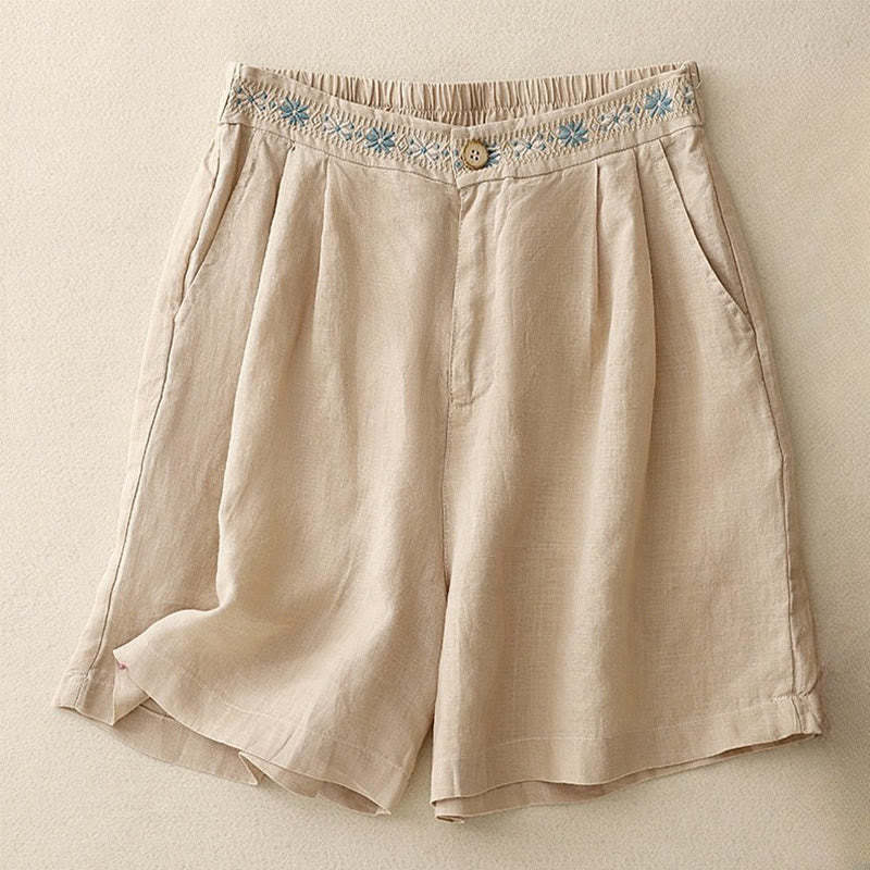 Summer Casual Embroidery Flower Pleated Zipper Button Cotton Linen Women's Shorts With Pockets