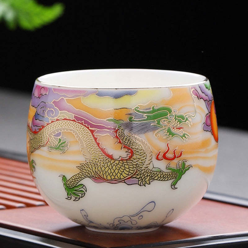 Dragon Phoenix Auspicious Clouds Sun Ocean Waves Ceramic Teacup Kung Fu Tea Cup