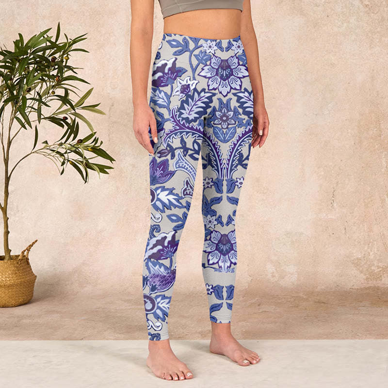 Purple Flower Leaves Print Gym Fitness Leggings Women's Yoga Pants