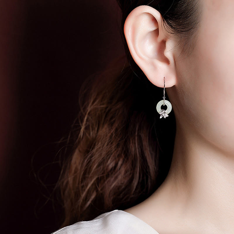 925 Sterling Silver Hetian Jade Peace Buckle Orchid Prosperity Earrings