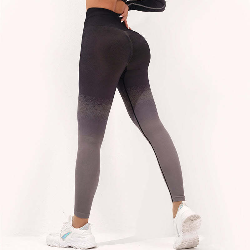 Gradient Long Sleeve Crop Top Tee Bra Leggings Pants Fitness Yoga Outfit