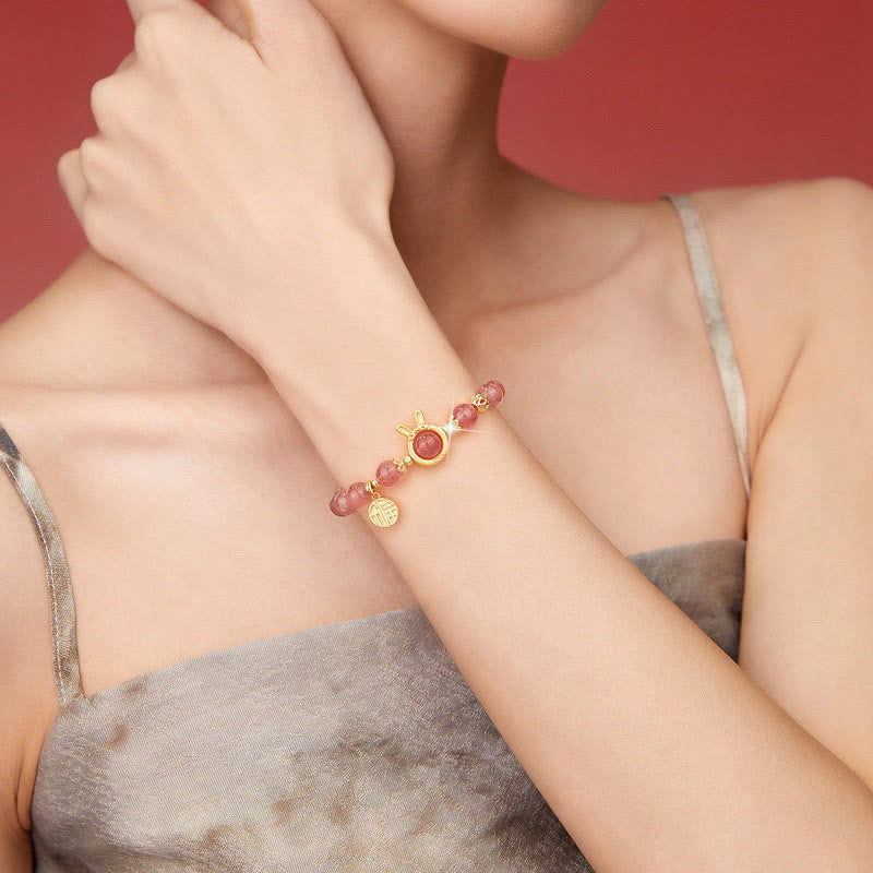Natural Strawberry Quartz Rabbit Fu Character Charm Love Bracelet