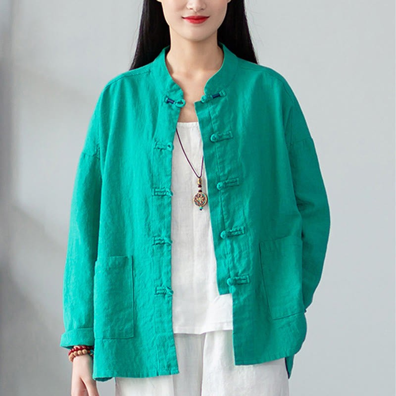 Solid Color Frog-button Long Sleeve Linen Women's Shirts With Pockets
