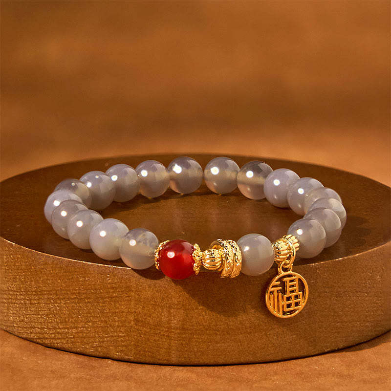 Year Of The Snake Gray Agate Red Agate Fu Character Positivity Bracelet