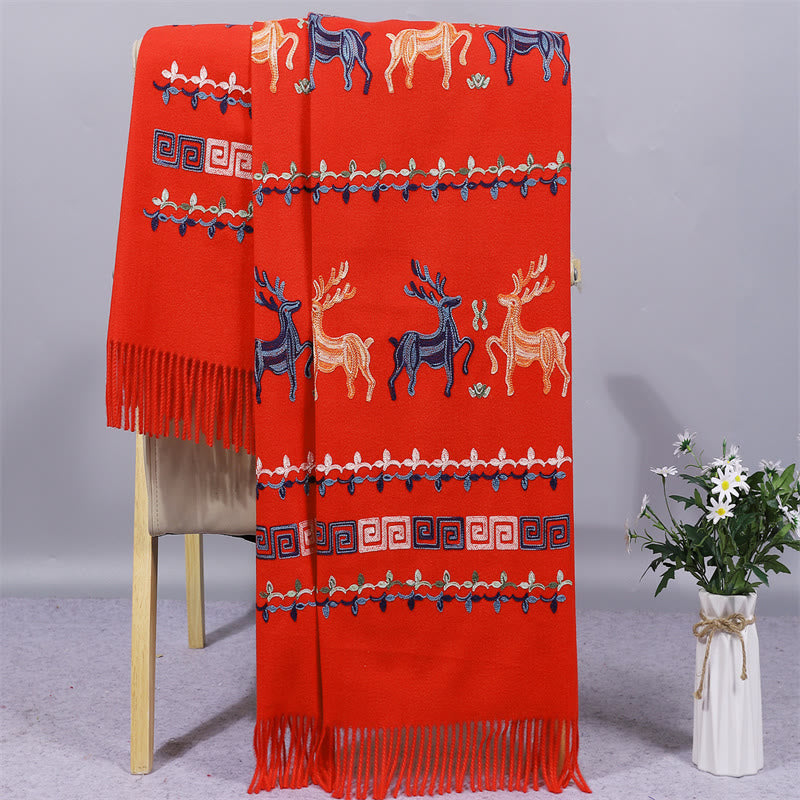 Rayon Fabric Shawl Sika Deer Embroidery Tassel Winter Cozy Travel Scarf Wrap