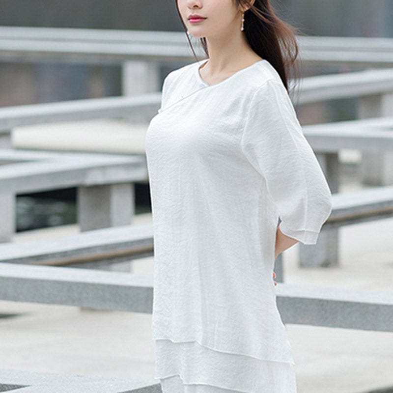 2Pcs Simple Design White Top Pants Meditation Yoga Zen Tai Chi Cotton Linen Clothing Women's Set