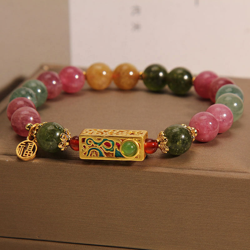 Colorful Tourmaline Positive Fu Character Charm Bracelet