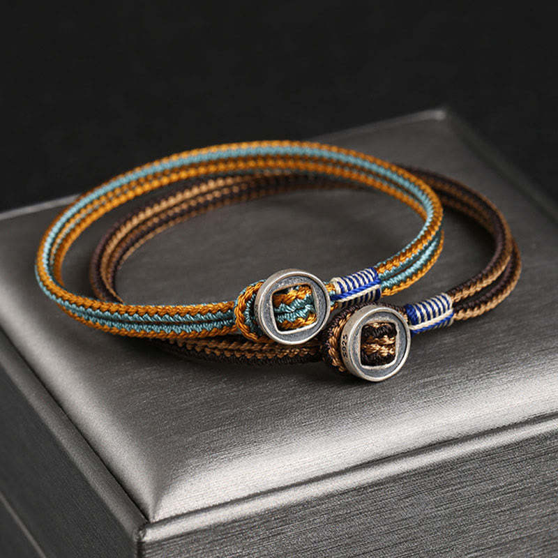 925 Sterling Silver Handmade Button Protection Weave String Bracelet