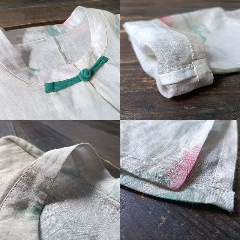 White Red Flowers Green Leaves Frog-Button Long Sleeve Ramie Linen Jacket Shirt