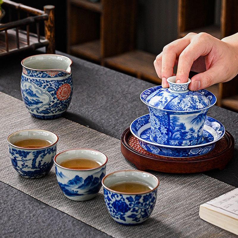 Jingdezhen Dragon Phoenix Pavilion Pine Flower Ceramic Gaiwan Sancai Teacup Kung Fu Tea Cup And Saucer With Lid 170ml