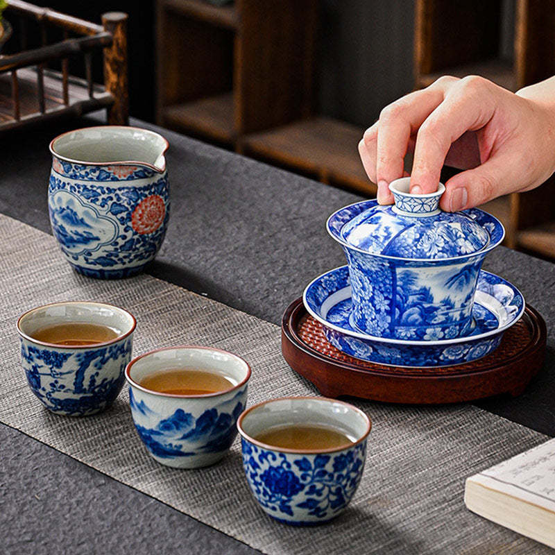 Jingdezhen Dragon Phoenix Pavilion Pine Flower Ceramic Gaiwan Sancai Teacup Kung Fu Tea Cup And Saucer With Lid 170ml