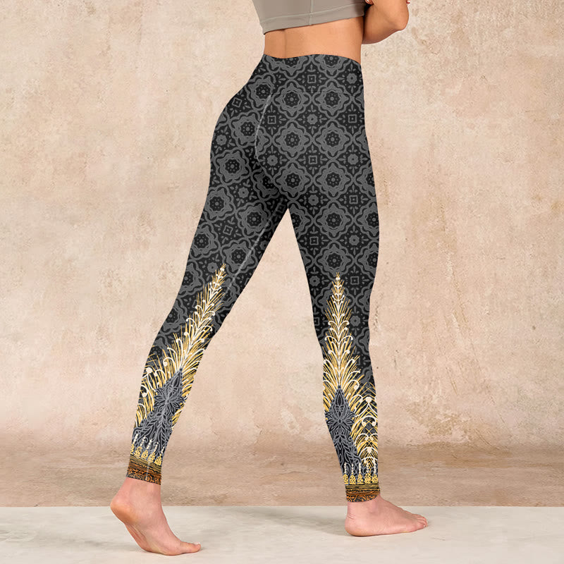 Dark Gray Geometric Gold Feather Print Gym Leggings Women's Yoga Pants