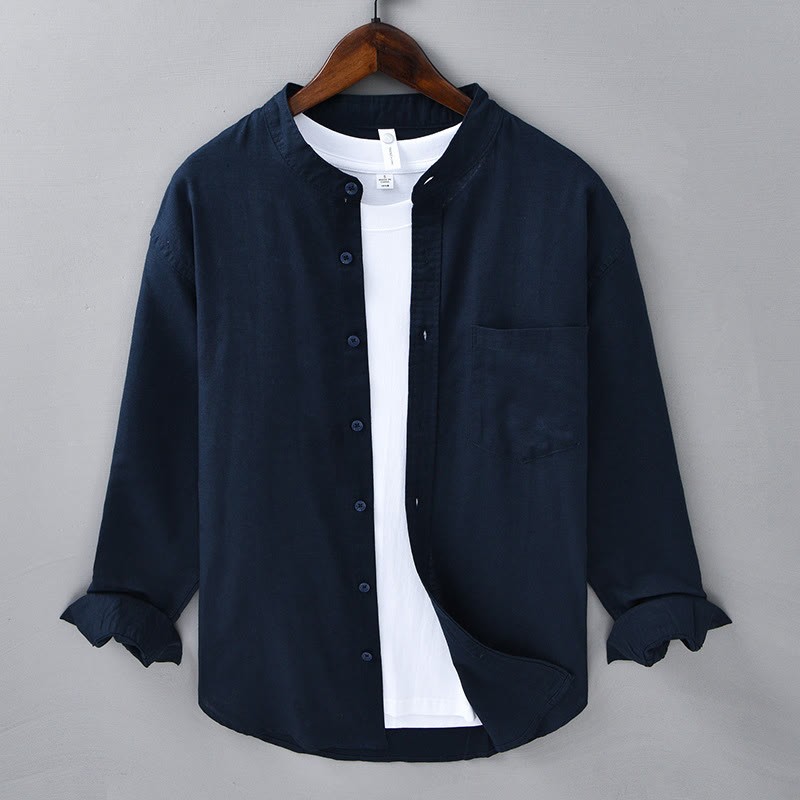 Men's Long Sleeve Stand Collar With Pocket Pure Color Casual Cotton Linen Shirt